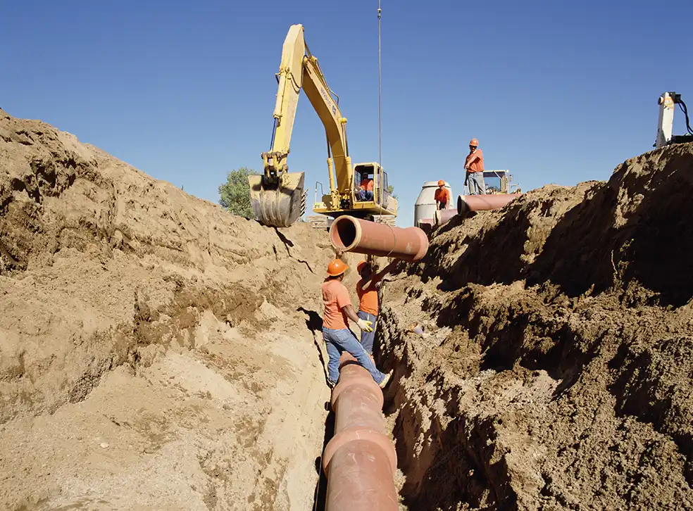 clay pipe being lowered into a trench