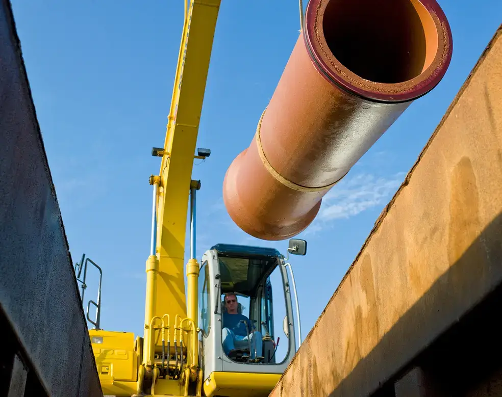 clay pipe being lowered into a trench